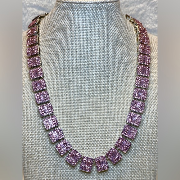Stunning Pink Glass Rhinestone Statement Necklace Stainless Steel w Safety Clasp - Picture 3 of 13
